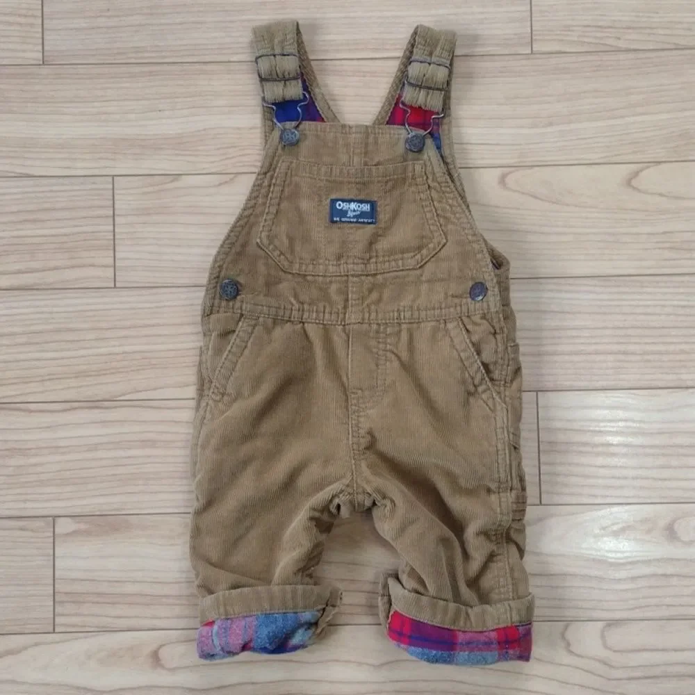 OshKosh B'gosh Tan Corduroy Vestbak Overalls with Flannel Lining 6-9 Months